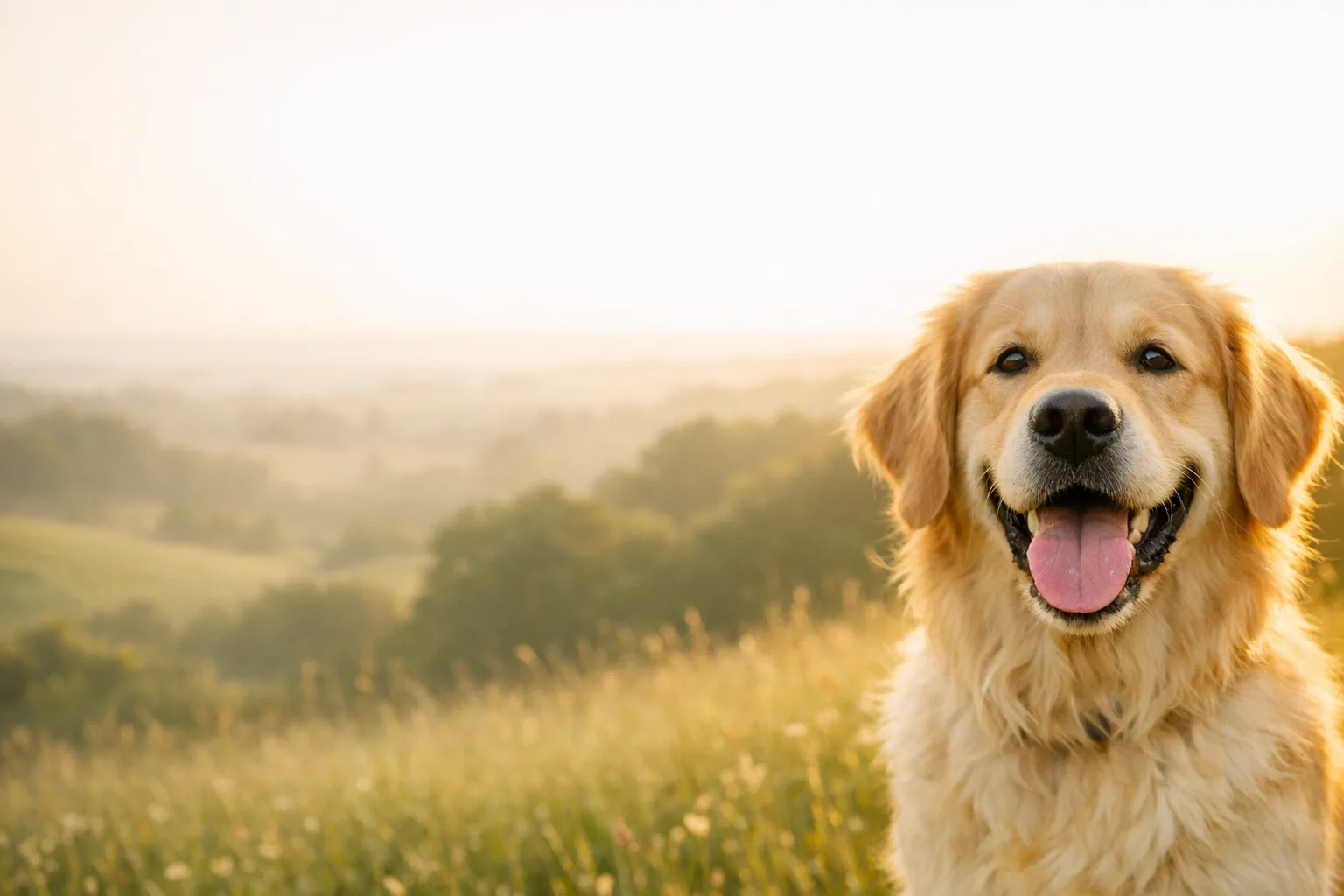 A smiling golden retriever in a meadow at sunset