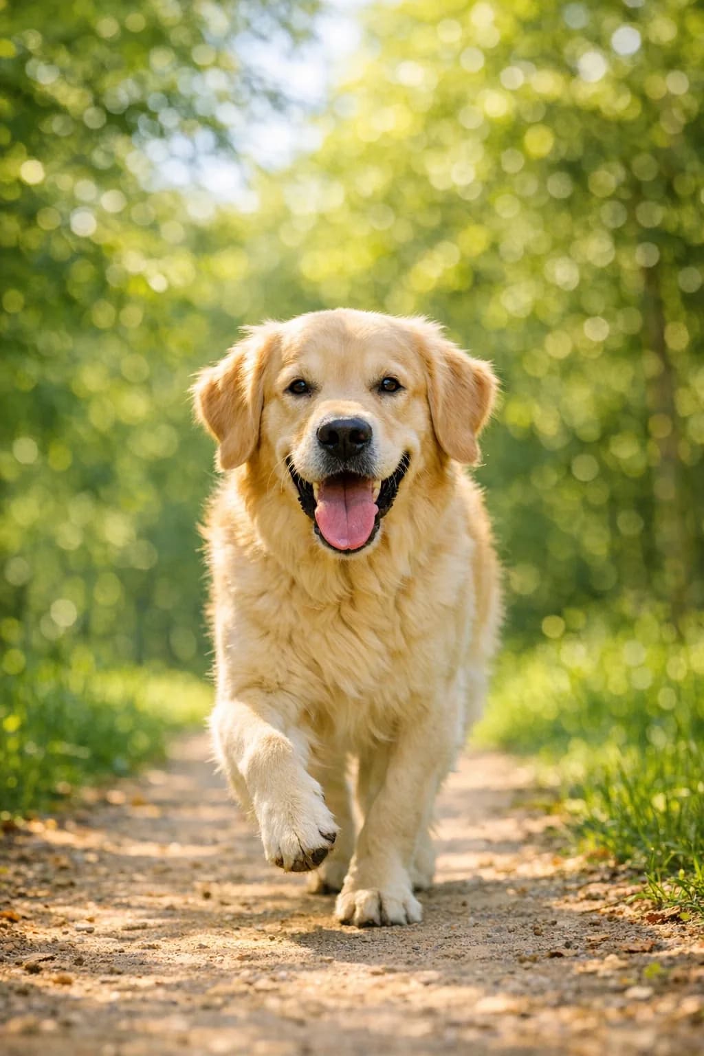 A happy golden retriever running along a forest trail