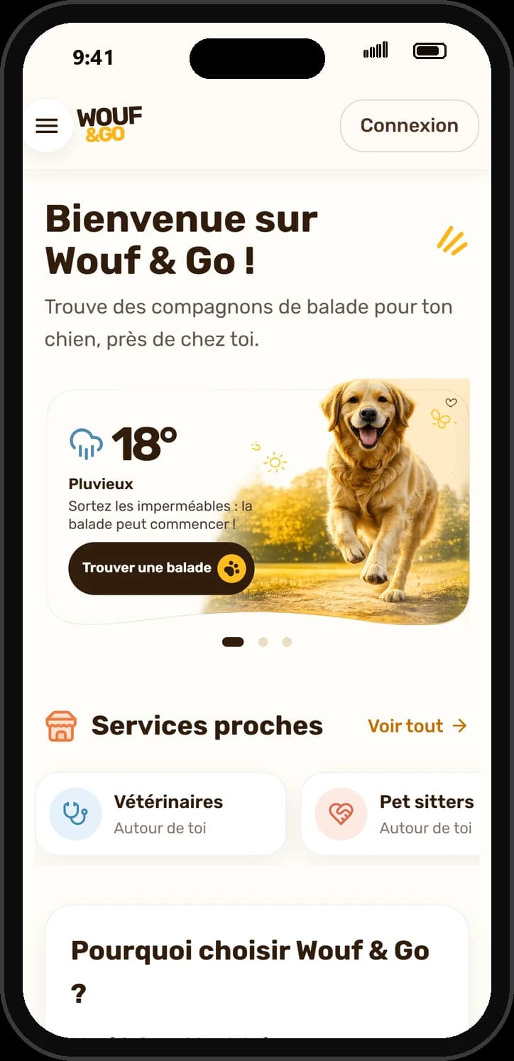 The Wouf&Go app showing a map of nearby parks