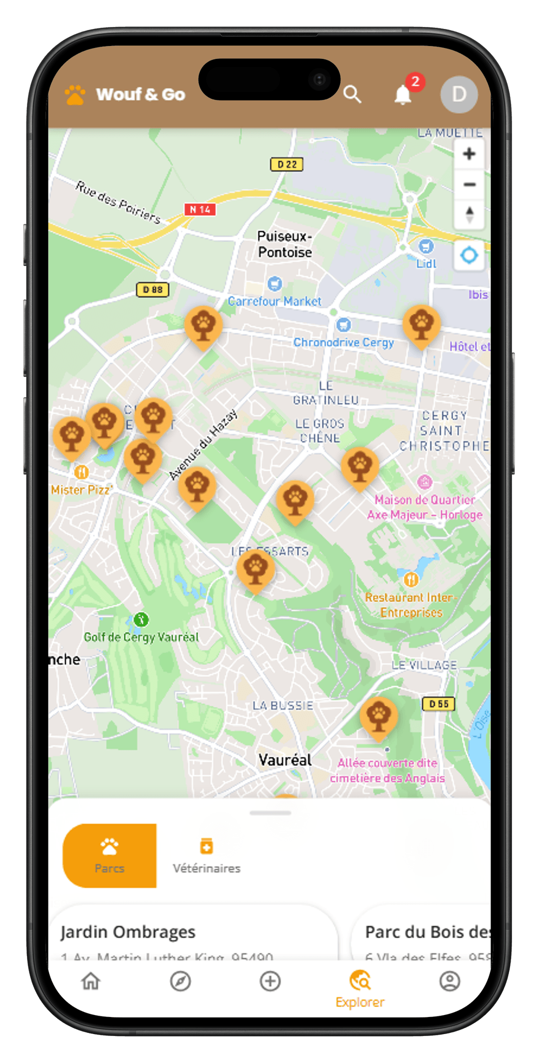 Mockup of the Wouf&Go application on a phone